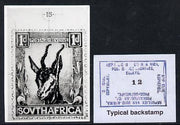 South Africa 1926-27 issue B&W photograph of original 1d Springbok essay inscribed in English approximately twice stamp-size. Official photograph from the original artwork held by the Government Printer in Pretoria with authority ……Details Below