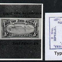 South Africa 1926-27 issue B&W photograph of original 3d Pictorial essays in bilingual pair. Official photograph from the original artwork held by the Government Printer in Pretoria with authority handstamp on the back, one of only 30 produced.