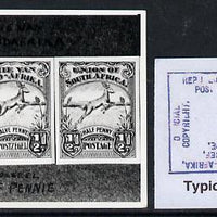 South Africa 1926-27 issue B&W photograph of original 1/2d Springbok essays in strip of 3. Official photograph from the original artwork held by the Government Printer in Pretoria with authority handstamp on the back, one of only 30 produced.
