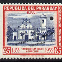 Paraguay 1953 San Rogue Church 5g Printer's sample in blue & red,(issued stamp was yellow & brown etc) overprinted Waterlow & Sons SPECIMEN with security punch hole on gummed paper, as SG 735-8