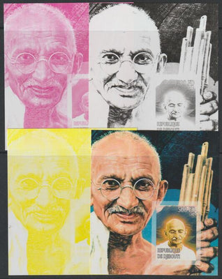 Djibouti 2007 Gandhi s/sheet #2 (vert format) - the set of 4 imperf progressive proofs comprising 3 individual colours plus all 4-colour composite, unmounted mint
