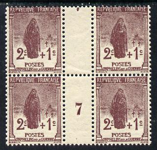 France 1917 War Orphan's Fund,2c + 1c brown-lake inter-paneau block of 4 with No.7 in gutter unmounted mint as SG 450