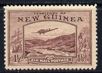 New Guinea 1939 Junkers G.31F over Bulolo Goldfields 1.5d claret mounted mint SG 214