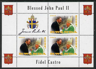 Rwanda 2013 Pope John Paul with Fidel Castro perf sheetlet containing 3 values & label unmounted mint