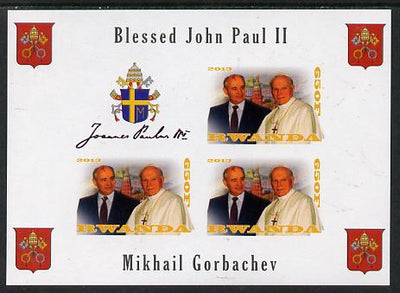 Rwanda 2013 Pope John Paul with Mikhail Gorbachev imperf sheetlet containing 3 values & label unmounted mint