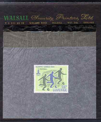 Lesotho 1980 Moscow Olympic games 25s (Football) perforated proof essay mounted on Walsall Security Proof card, rare