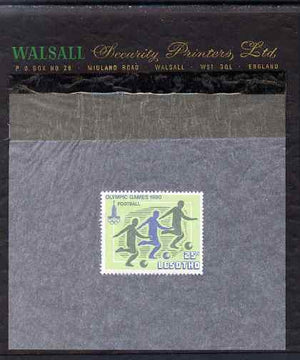 Lesotho 1980 Moscow Olympic games 25s (Football) perforated proof essay mounted on Walsall Security Proof card, rare