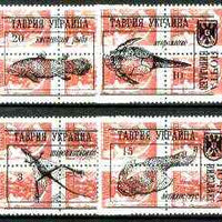 Ykpanha 1993 Prehistoric Animals #4 opt set of 4 values, each design opt'd on,block of 4 Russian defs unmounted mint