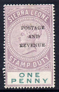 Sierra Leone 1897 QV Postage & Revenue opt'd on 1d purple & green mounted mint SG 54