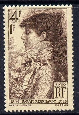 France 1945 Birth Centenary of Sarah Bernhardt (actress) 4f+1f purple-brown unmounted mint SG 950