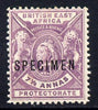 Kenya, Uganda & Tanganyika - British East Africa 1896-1901 QV 7.5a mauve overprinted SPECIMEN small part gum with only about 730 produced SG 73s