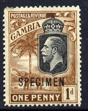 Gambia 1922-29 KG5 Script CA Elephant & Palm 1d black & brown overprinted SPECIMEN fine with gum only about 400 produced SG 124s