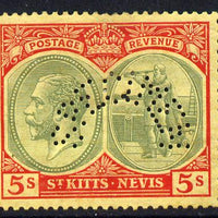 St Kitts-Nevis 1921-29 KG5 Script CA Columbus 5s green & red on yellow with SPECIMEN perfin fine with gum only about 400 produced SG 47bs