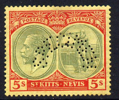 St Kitts-Nevis 1921-29 KG5 Script CA Columbus 5s green & red on yellow with SPECIMEN perfin fine with gum only about 400 produced SG 47bs