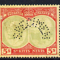 St Kitts-Nevis 1921-29 KG5 Script CA Columbus 5s green & red on yellow (green faded) with SPECIMEN perfin fine with gum only about 400 produced SG 47bs