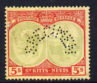 St Kitts-Nevis 1921-29 KG5 Script CA Columbus 5s green & red on yellow (green faded) with SPECIMEN perfin fine with gum only about 400 produced SG 47bs