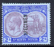 St Kitts-Nevis 1921-29 KG5 Script CA Columbus 2s purple & blue on blue overprinted SPECIMEN fine with gum only about 400 produced SG 47s