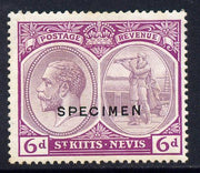 St Kitts-Nevis 1921-29 KG5 Script CA Columbus 6d dull & bright purple overprinted SPECIMEN fine with gum only about 400 produced SG 46s