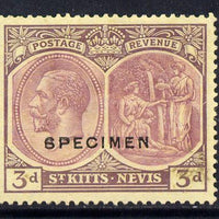 St Kitts-Nevis 1921-29 KG5 Script CA Medicine Spring 3d purple on yellow overprinted SPECIMEN without gum & faded but only about 400 produced SG 45as