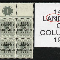 Bahamas 1942 KG6 Landfall of Columbus 1d pale slate NW corner block of 6 from left pane with Plate No.1 showing damaged corner on R1/1 (Plate variety) and Flaw in N on R1/2 unmounted mint