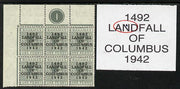 Bahamas 1942 KG6 Landfall of Columbus 1d pale slate NW corner block of 6 from left pane with Plate No.1 showing damaged corner on R1/1 (Plate variety) and Flaw in N on R1/2 unmounted mint