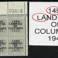 Bahamas 1942 KG6 Landfall of Columbus 1d pale slate NE corner block of 6 from left pane with sheet number showing Damaged top of L on R1/4 and Dot in 4 on R1/6 unmounted mint