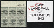 Bahamas 1942 KG6 Landfall of Columbus 1d pale slate NE corner block of 6 from left pane with sheet number showing Damaged top of L on R1/4 and Dot in 4 on R1/6 unmounted mint