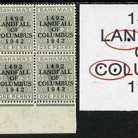 Bahamas 1942 KG6 Landfall of Columbus 1d pale slate SW corner block of 6 from left pane showing Flaw in N on R10/1 and Flaws in C & O on R10/2 unmounted mint