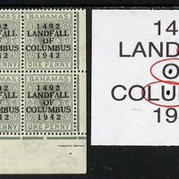 Bahamas 1942 KG6 Landfall of Columbus 1d pale slate SE corner block of 6 from left pane showing Flaw in first U on R9/4, flaw in OF on R10/4 & Damaged A on R10/5 unmounted mint