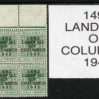 Bahamas 1942 KG6 Landfall of Columbus 1/2d green NW corner block of 6 from right pane showing Flaw between AL on R2/3 unmounted mint