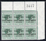 Bahamas 1942 KG6 Landfall of Columbus 1/2d green NE corner block of 6 from right pane with sheet number unmounted mint