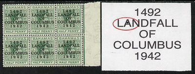 Bahamas 1942 KG6 Landfall of Columbus 1/2d green marginal block of 6 from right pane showing Flaw in A on R4/6 unmounted mint