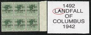 Bahamas 1942 KG6 Landfall of Columbus 1/2d green marginal block of 6 from right pane showing Flaw in A on R4/6 unmounted mint