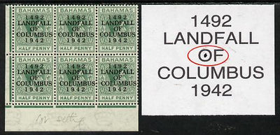 Bahamas 1942 KG6 Landfall of Columbus 1/2d green SW corner block of 6 from right pane showing Flaw in OF on R10/2 unmounted mint