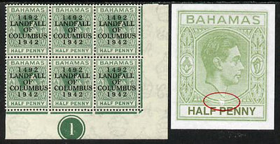 Bahamas 1942 KG6 Landfall of Columbus 1/2d green SE corner block of 6 from right pane,with Plate No.1 showing Plate variety Break in Oval around King's Portrait on R10/4 unmounted mint