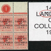 Bahamas 1942 KG6 Landfall of Columbus 2d scarlet NW corner block of 6 from left pane with Plate No.1 showing damaged corner on R1/1 (Plate variety) and Flaw in N on R1/2 unmounted mint