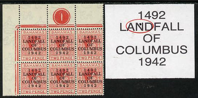 Bahamas 1942 KG6 Landfall of Columbus 2d scarlet NW corner block of 6 from left pane with Plate No.1 showing damaged corner on R1/1 (Plate variety) and Flaw in N on R1/2 unmounted mint