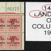 Bahamas 1942 KG6 Landfall of Columbus 2d scarlet NE corner block of 6 from left pane with sheet number showing Damaged top of L on R1/4 and Dot in 4 on R1/6 unmounted mint