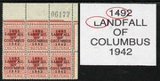 Bahamas 1942 KG6 Landfall of Columbus 2d scarlet NE corner block of 6 from left pane with sheet number showing Damaged top of L on R1/4 and Dot in 4 on R1/6 unmounted mint