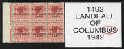 Bahamas 1942 KG6 Landfall of Columbus 2d scarlet marginal block of 6 from left pane showing Flaw in second U on R3/2 unmounted mint