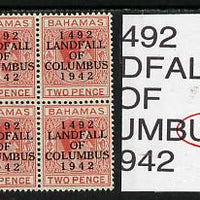 Bahamas 1942 KG6 Landfall of Columbus 2d scarlet marginal block of 6 from left pane showing Split S on R7/1 & Flaw in S on R8/2 unmounted mint
