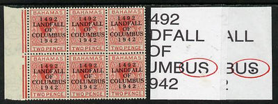 Bahamas 1942 KG6 Landfall of Columbus 2d scarlet marginal block of 6 from left pane showing Split S on R7/1 & Flaw in S on R8/2 unmounted mint