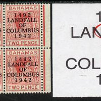 Bahamas 1942 KG6 Landfall of Columbus 2d scarlet marginal block of 6 from left pane showing Flaw in D on R8/5 and Broken foot of 2 on R8/6 unmounted mint