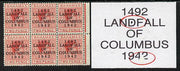 Bahamas 1942 KG6 Landfall of Columbus 2d scarlet marginal block of 6 from left pane showing Flaw in D on R8/5 and Broken foot of 2 on R8/6 unmounted mint