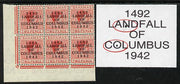 Bahamas 1942 KG6 Landfall of Columbus 2d scarlet SW corner block of 6 from left pane showing Flaw in N on R10/1 and Flaw in O on R10/2 unmounted mint