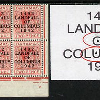 Bahamas 1942 KG6 Landfall of Columbus 2d scarlet SE corner block of 6 from left pane showing Flaw in first U on R9/4, flaw in OF on R10/4 & Damaged A on R10/5 unmounted mint