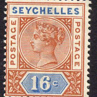 Seychelles 1890-92 QV Key Plate Crown CA die I - 16c chestnut & blue mounted mint SG 6