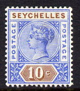 Seychelles 1890-92 QV Key Plate Crown CA die II- 10c ultramarine & brown mounted mint SG 12