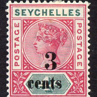 Seychelles 1893 QV surcharged 3c on 4c carmine & green mounted mint SG 15