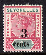 Seychelles 1893 QV surcharged 3c on 4c carmine & green mounted mint SG 15